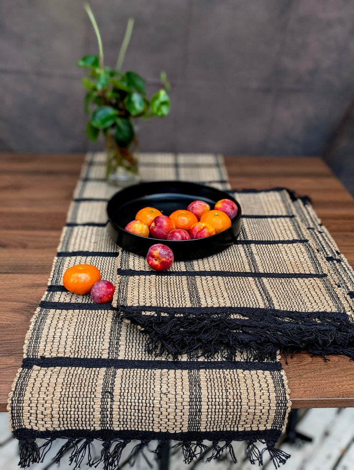 Urban Grid Jute Table Set – Modern Black Grid Weave on Classic Jute Canvas