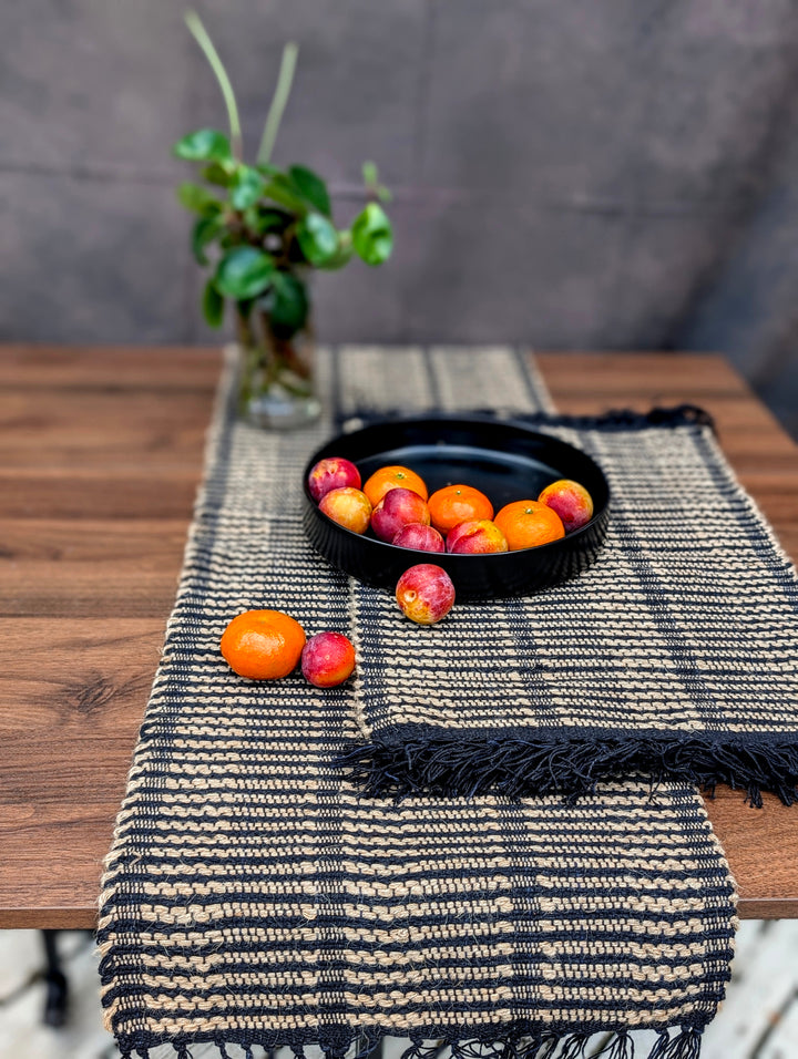 Golden Grid Jute Table Set – Tan Jute with Black Stripes and Fringe Detailing