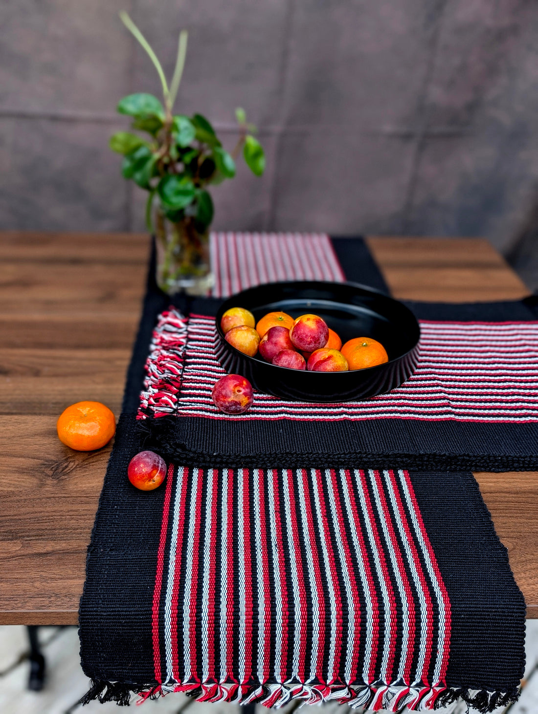 Midnight Stripes Cotton Table Set – Elegant black, white, and red pinstripes