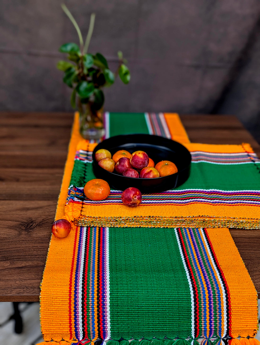 Harvest Meadow Cotton Table Set – Green and saffron with joyful multicolor stripes