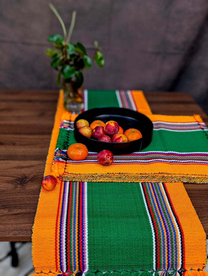 Harvest Meadow Cotton Table Set – Green and saffron with joyful multicolor stripes