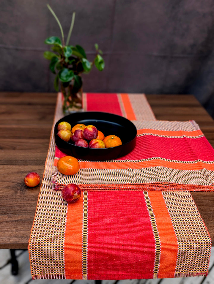 Sunset Fiesta Cotton Table Set – Radiant orange and red hues with golden accents