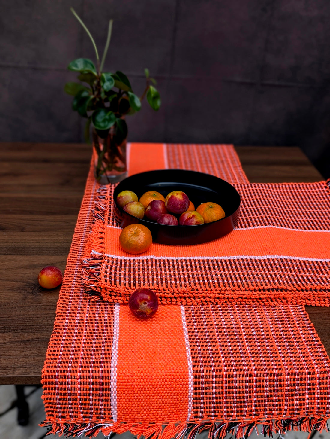Tangerine Glow Cotton Table Set – Bright orange and black woven check pattern