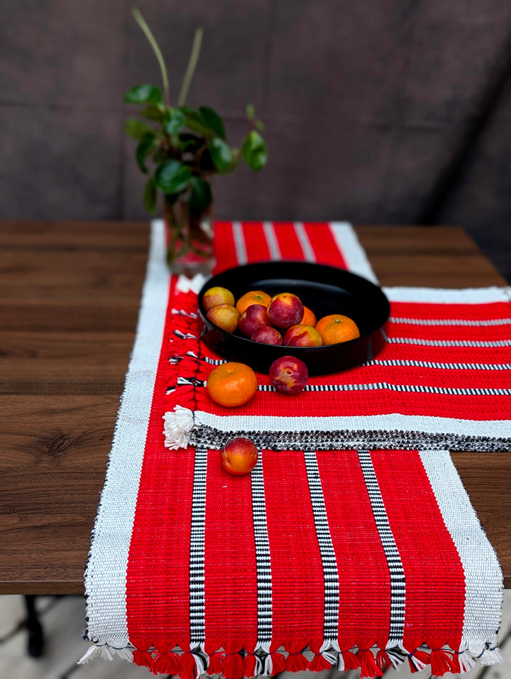 Scarlet Fest Cotton Table Set – Red, White & Black Artisan Stripe with Playful Tassels