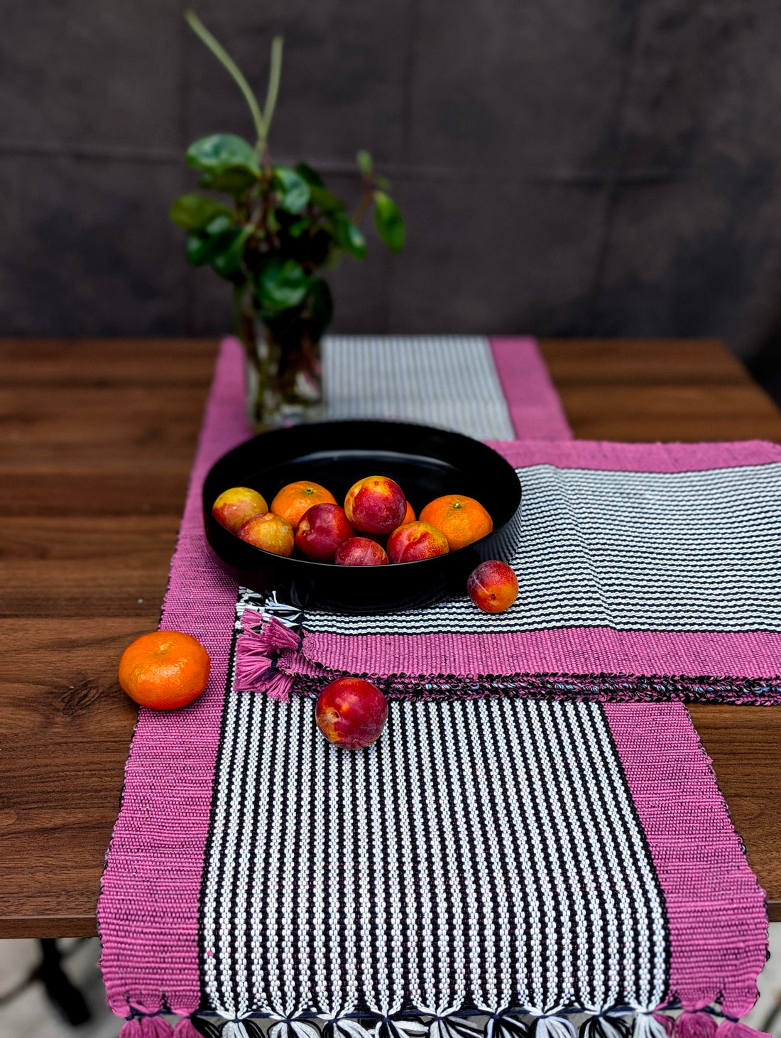 Blushing Stripe Cotton Table Set – Magenta borders with crisp black-and-white stripes