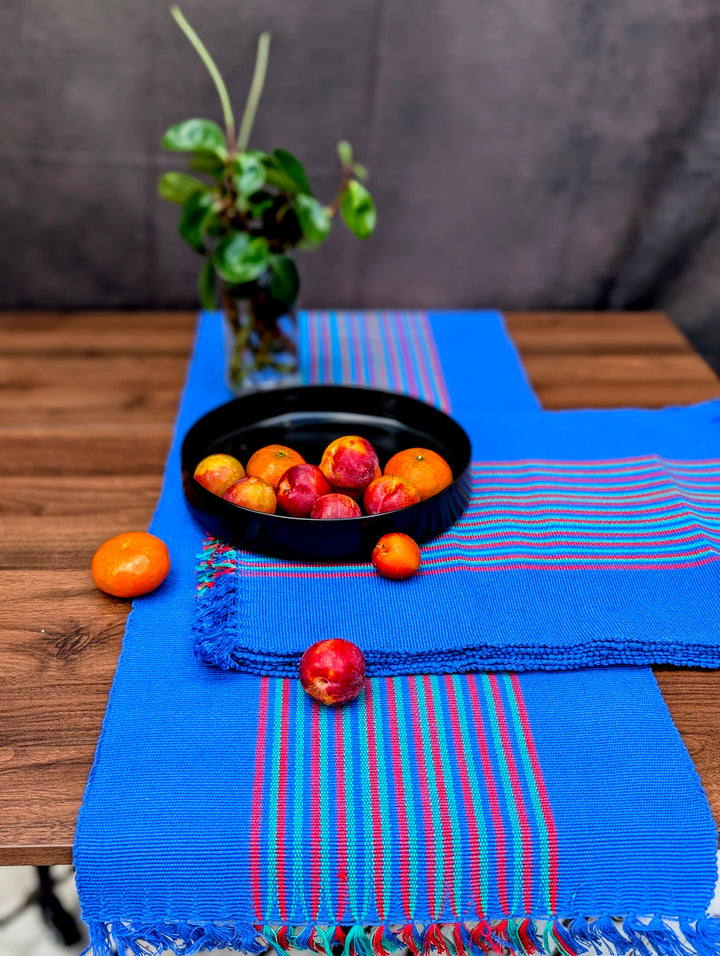 Electric Blue Pinstripe Cotton Table Set – Brilliant blue with rainbow stripes