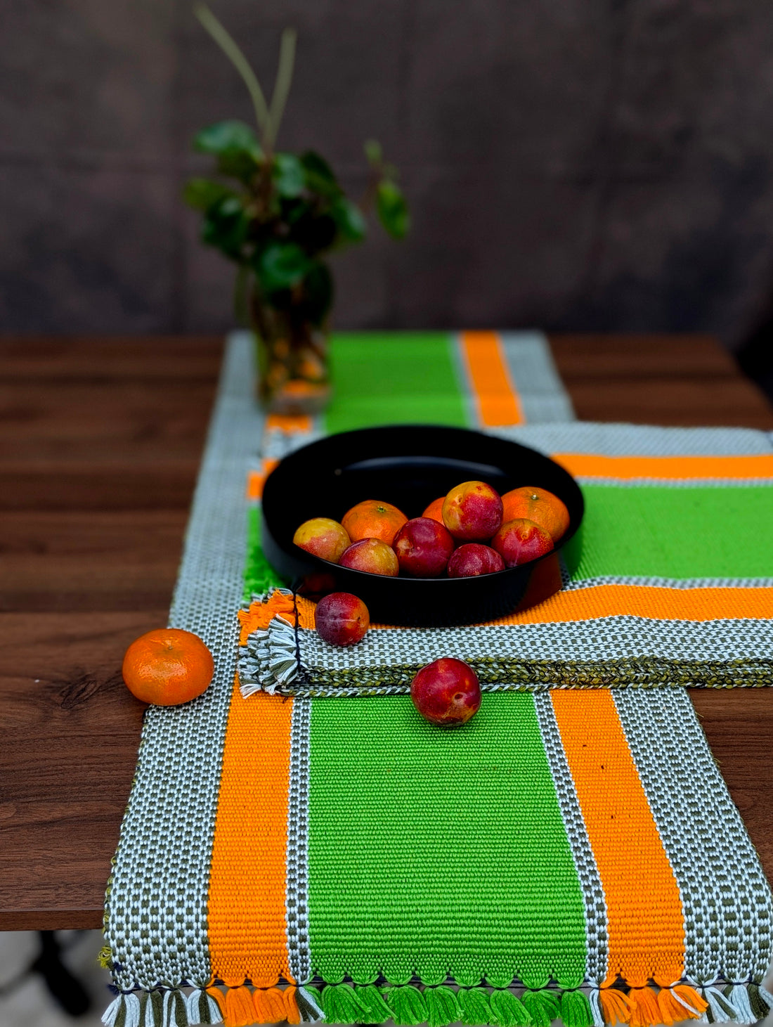 Spring Orchard Cotton Table Set – Green, yellow, and white with textured borders