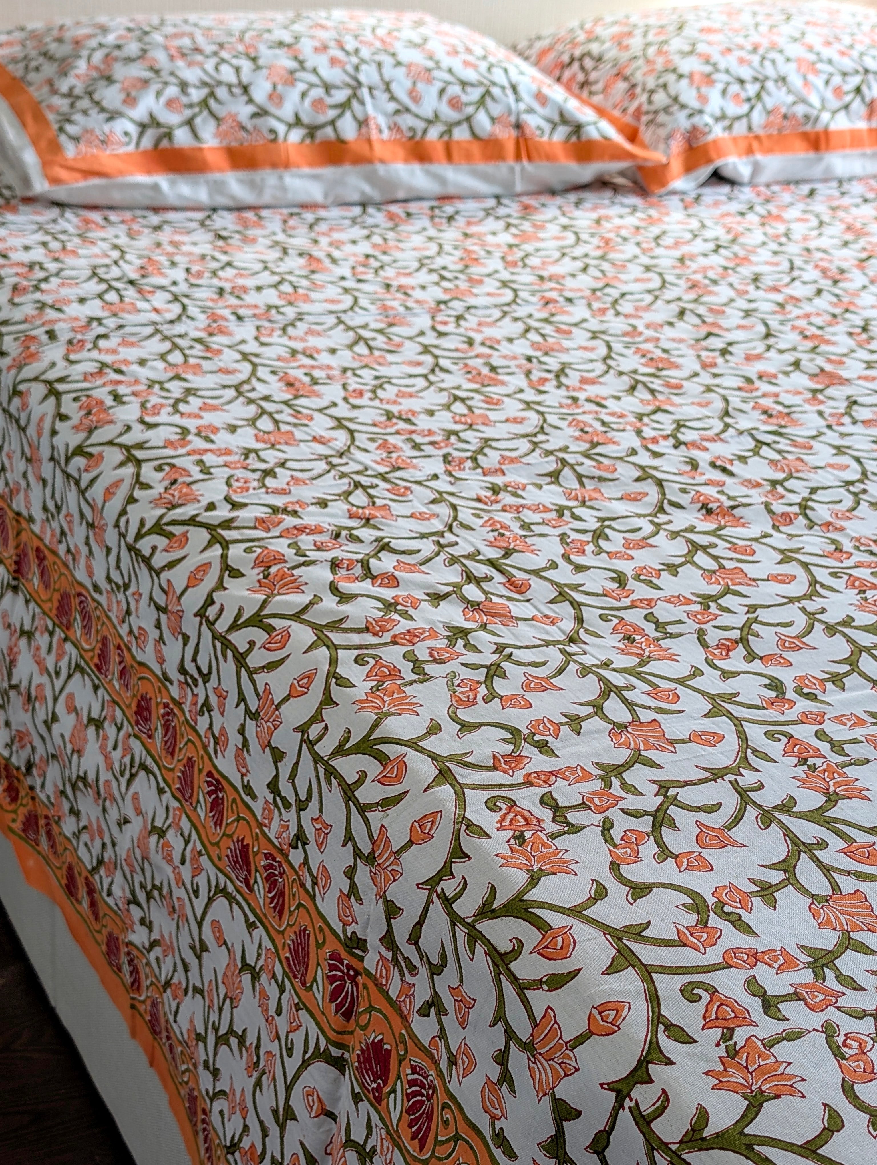Sunrise Blossom – 100% Cotton Block Print Bed Set