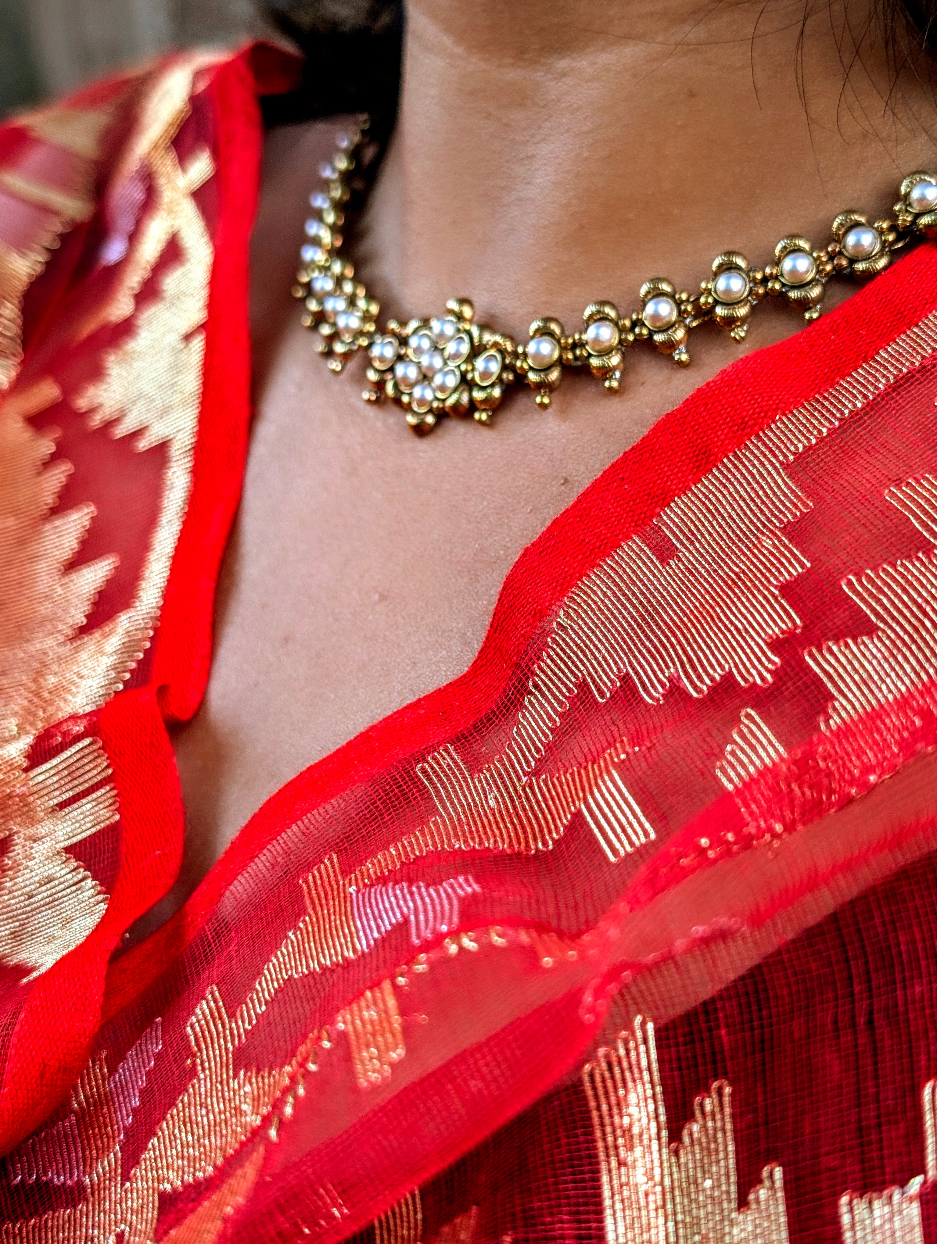 Brass Pearl Cluster Gajra Set – Floral Motifs with Pearl Jhumkas