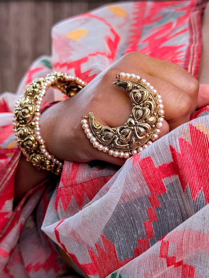 Brass Half Moon Pearl Set – Multi-layered Brass, Pearl Strings & Heritage Motifs